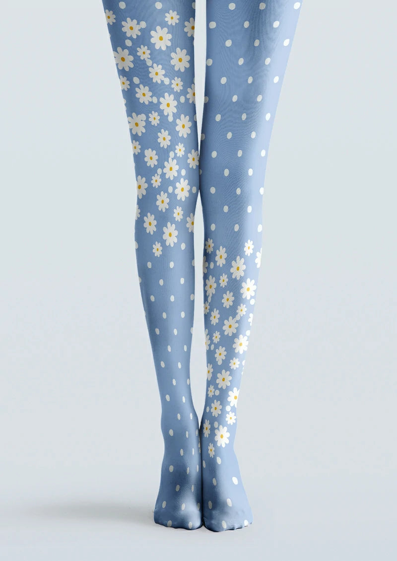 Blue printed tights with white daisy clusters, yellow centers, and evenly spaced polka dots