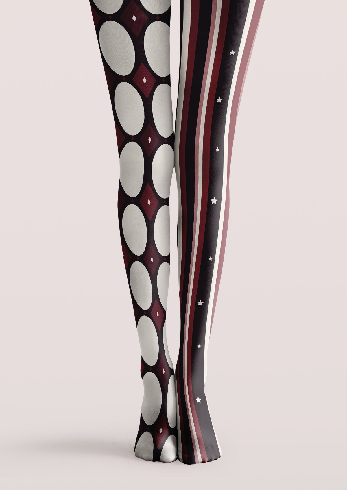 Black printed tights with burgundy diamonds, ivory circles, vertical stripes, and small star motifs.