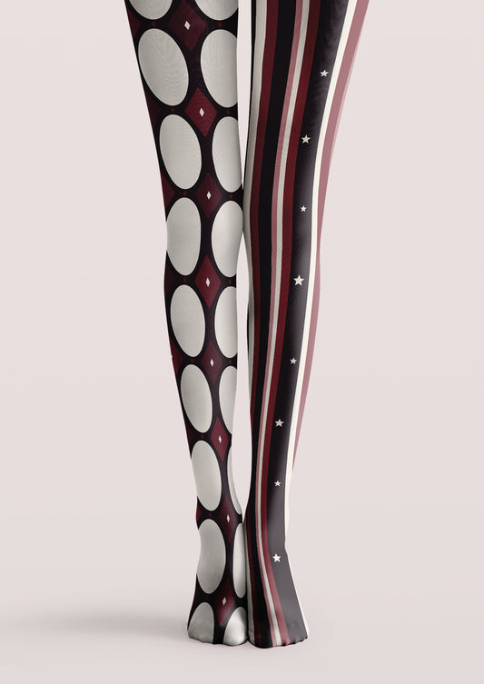 Black printed tights with burgundy diamonds, ivory circles, vertical stripes, and small star motifs.