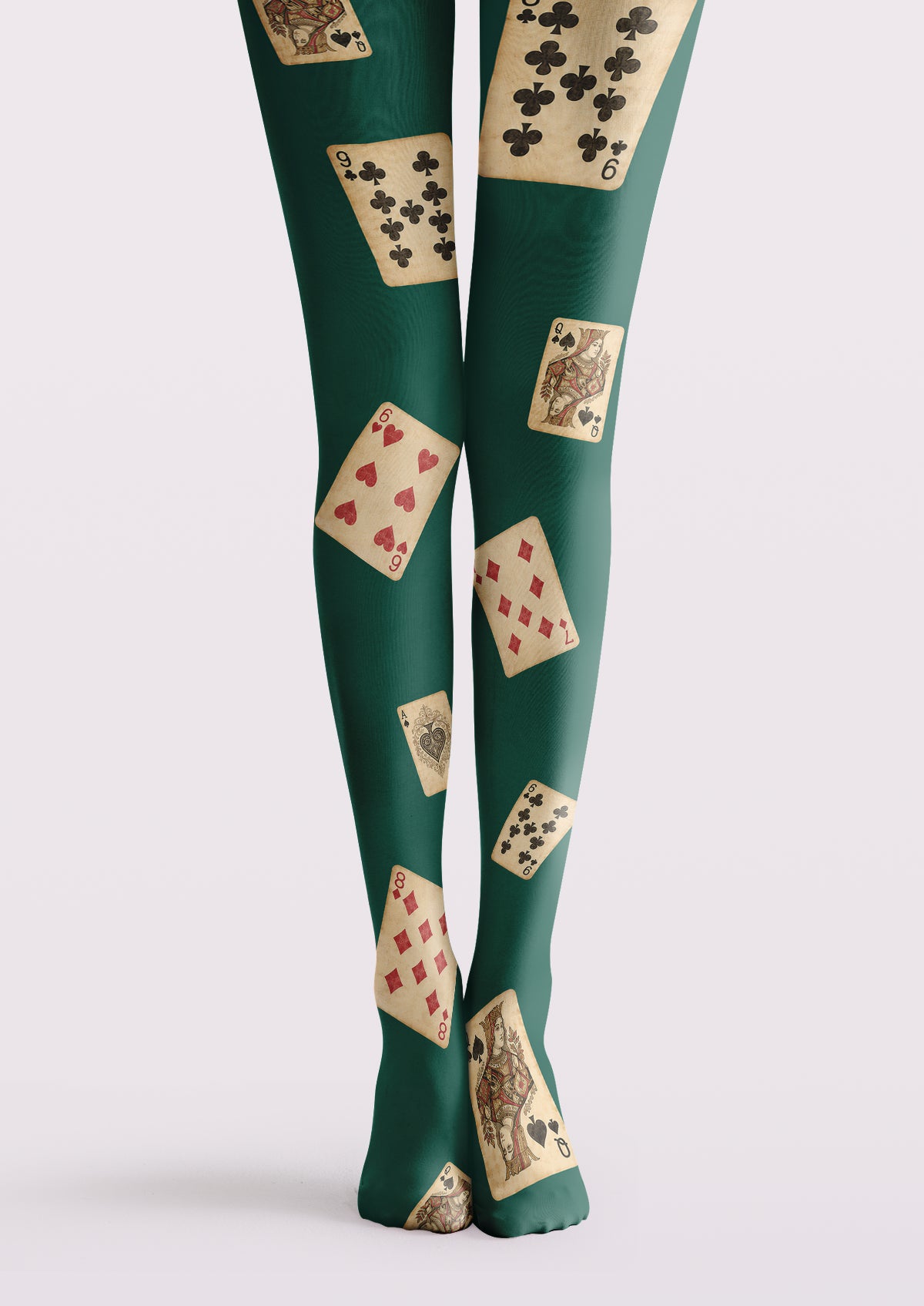 Green printed tights with scattered playing card illustrations, including hearts, diamonds, clubs, and face card motifs.