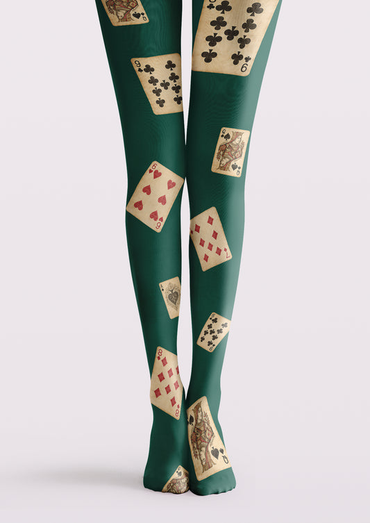 Green printed tights with scattered playing card illustrations, including hearts, diamonds, clubs, and face card motifs.