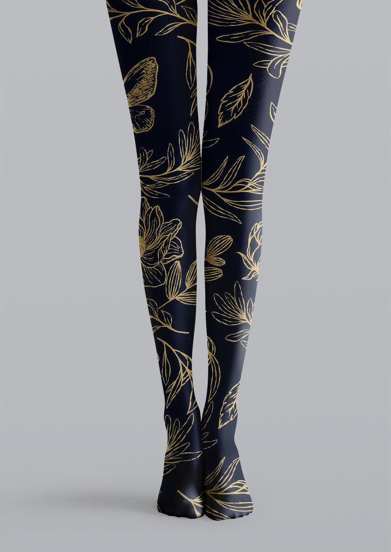 Luxury Gold Line Botanical Floral Pattern Tights Hosiery Pantyhose
