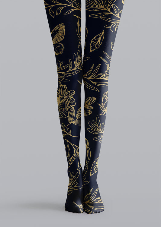 Luxury Gold Line Botanical Floral Pattern Tights Hosiery Pantyhose