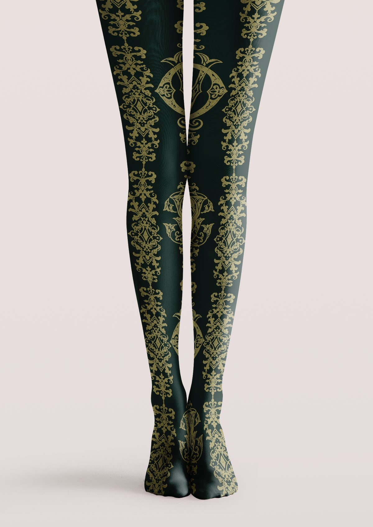 Green printed tights with bronze-toned ornamental scrollwork, symmetrical flourishes, and repeating decorative motifs.