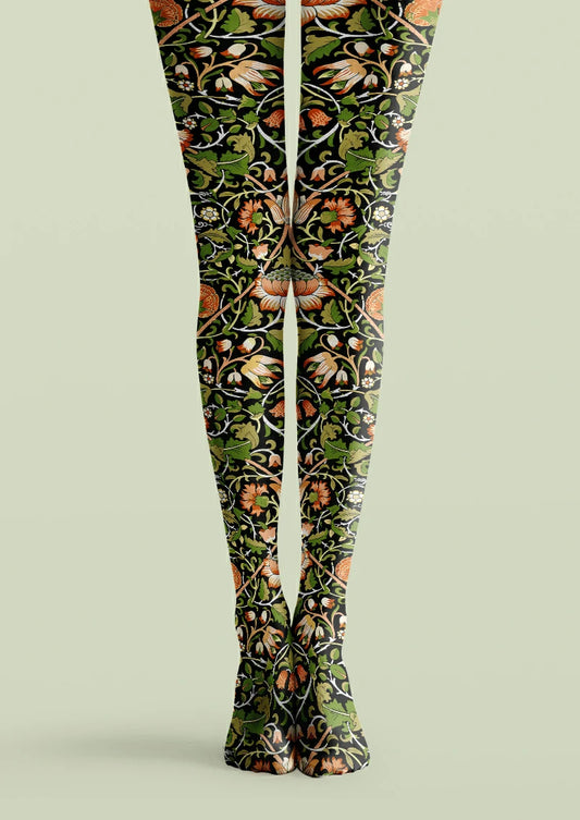 Black printed tights with orange flowers, green leaves, pale branching stems, small hanging blooms and rounded buds.