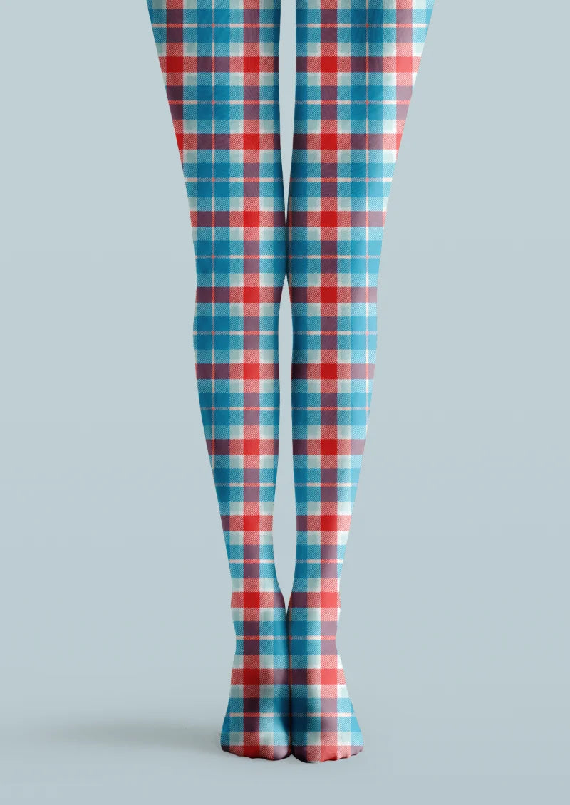 Blue printed tights with red and white plaid checks arranged in a repeating all-over pattern across both legs