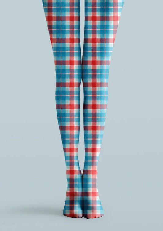 Blue printed tights with red and white plaid checks arranged in a repeating all-over pattern across both legs