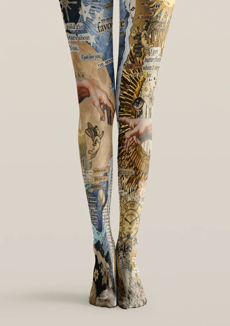 Beige printed tights with collage artwork, clocks, angels and text details