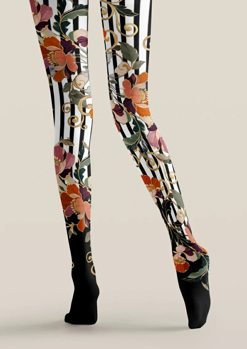 Black Floral Stripe Tights