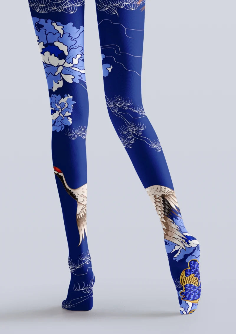 Navy Crane Floral Tights