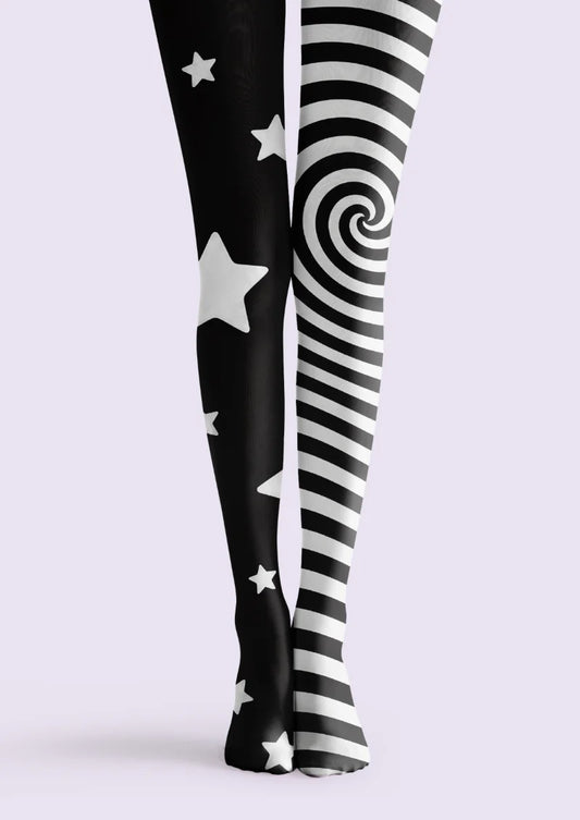 Black tights with white stars on one leg and black and white stripes forming a spiral on the other