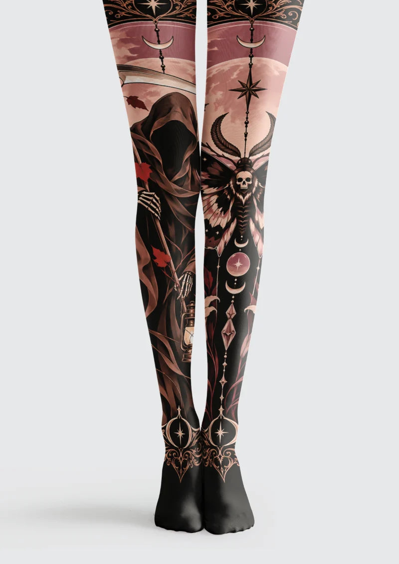 Black tights with a hooded skeletal figure, skull moth, moons, stars, leaves, and brown and dusty pink ornamentation