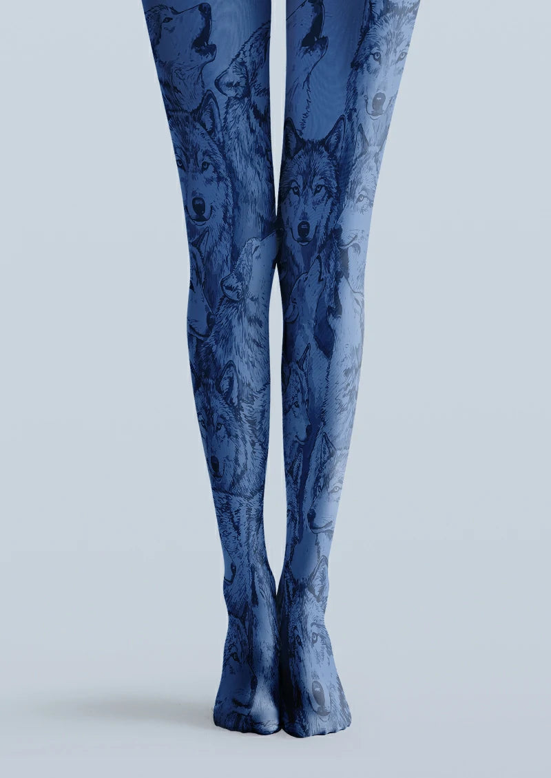 Blue printed tights with layered navy wolf portraits and detailed fur linework