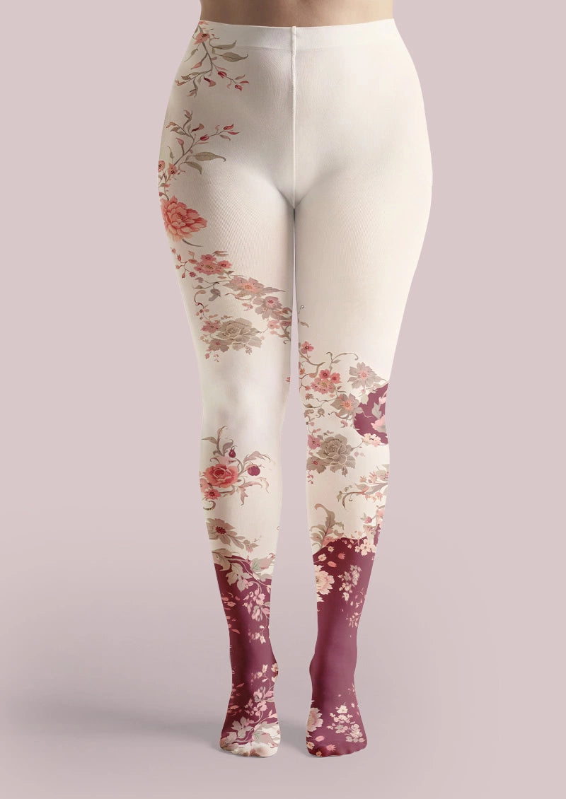 Vintage Blush Burgundy Floral Ombre Print Tights Hosiery Pantyhose