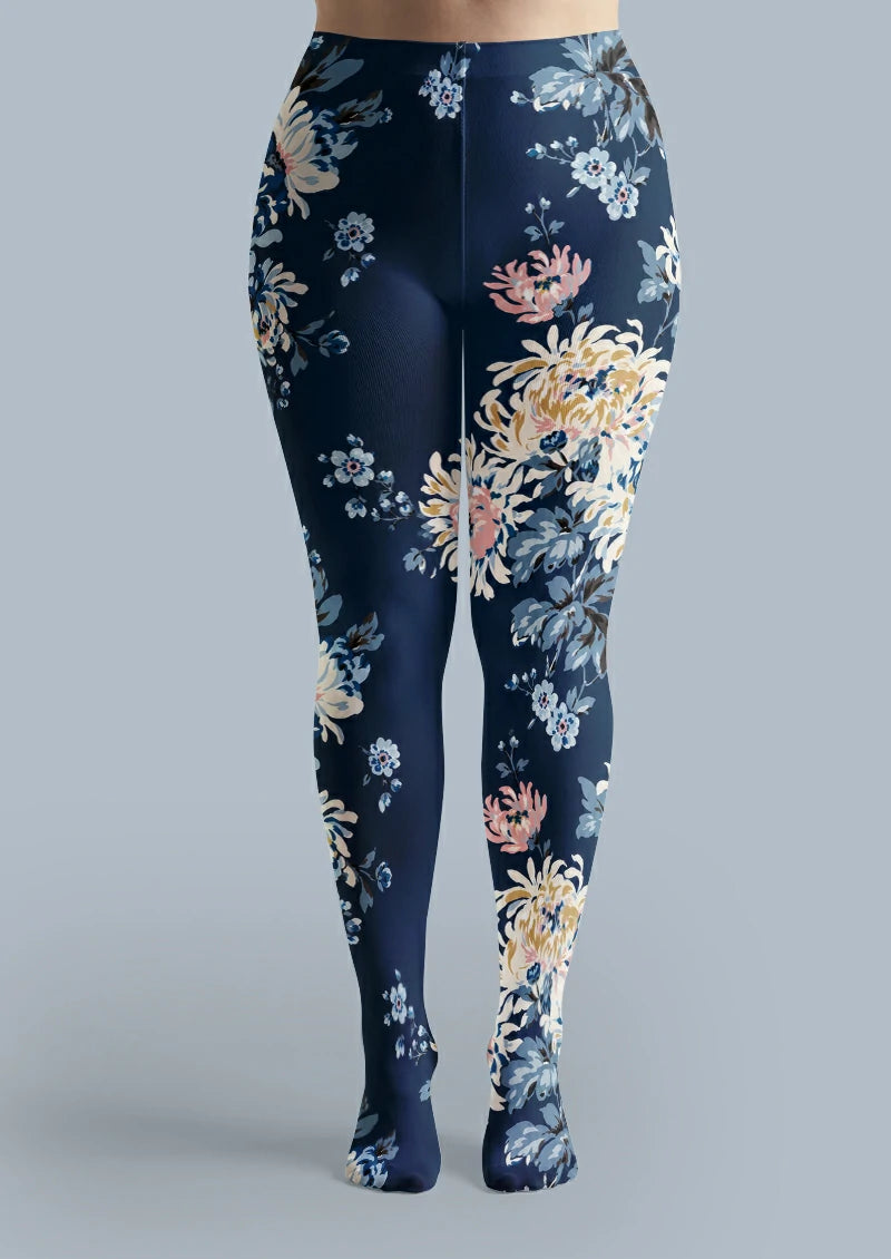 Navy Garden Floral Tights Hosiery Pantyhose