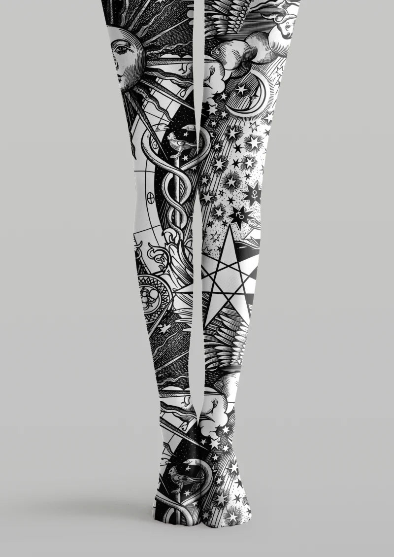 Black and white printed tights with sun, moon, stars, winged figures, serpentine forms, and celestial linework