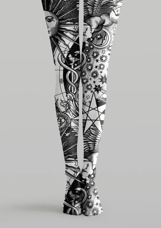 Black and white printed tights with sun, moon, stars, winged figures, serpentine forms, and celestial linework