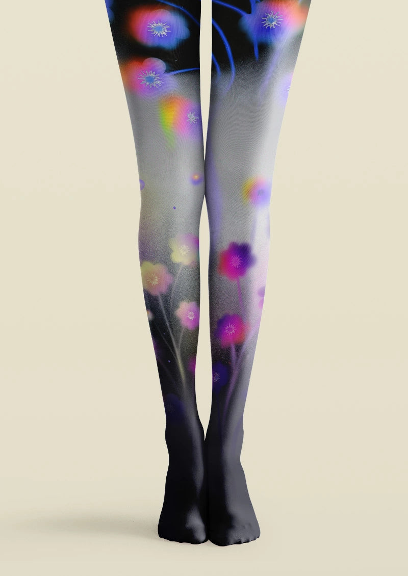 Gray and black printed tights with soft-focus purple, pink, blue and orange floral motifs