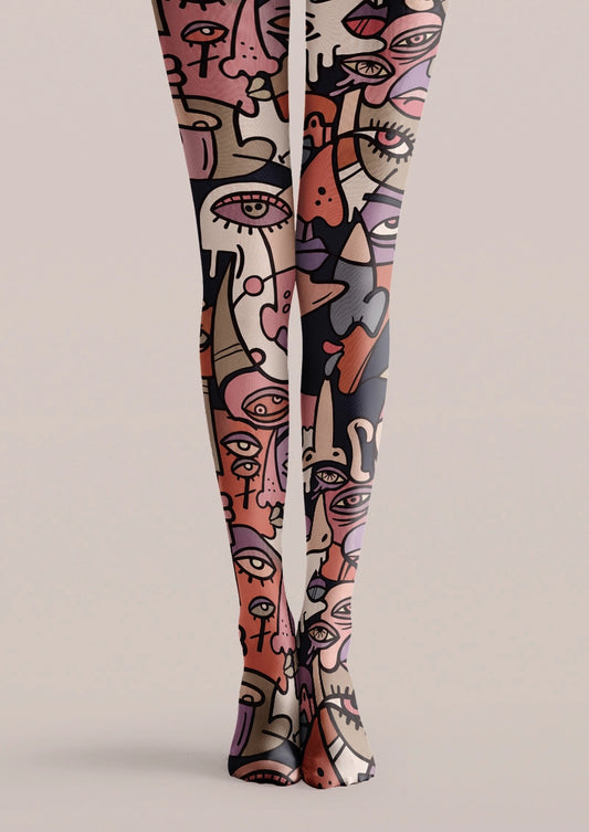 Front product view of Red Abstract Face Mosaic Tights