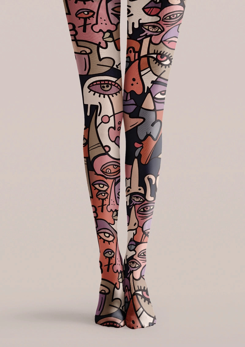 Abstract Face Mosaic Print Tights Hosiery Pantyhose