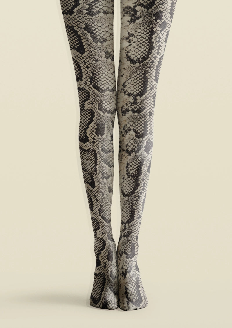 Beige and black printed tights with an allover snakeskin animal print