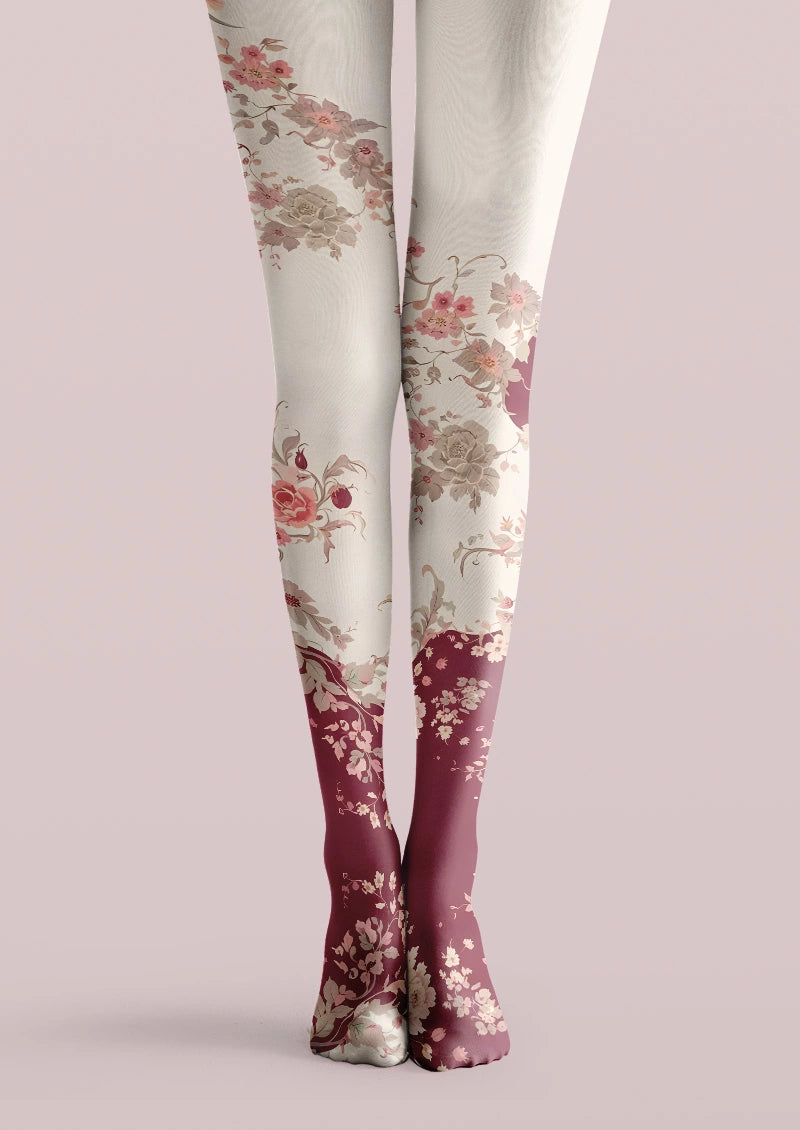 Vintage Blush Burgundy Floral Ombre Print Tights Hosiery Pantyhose
