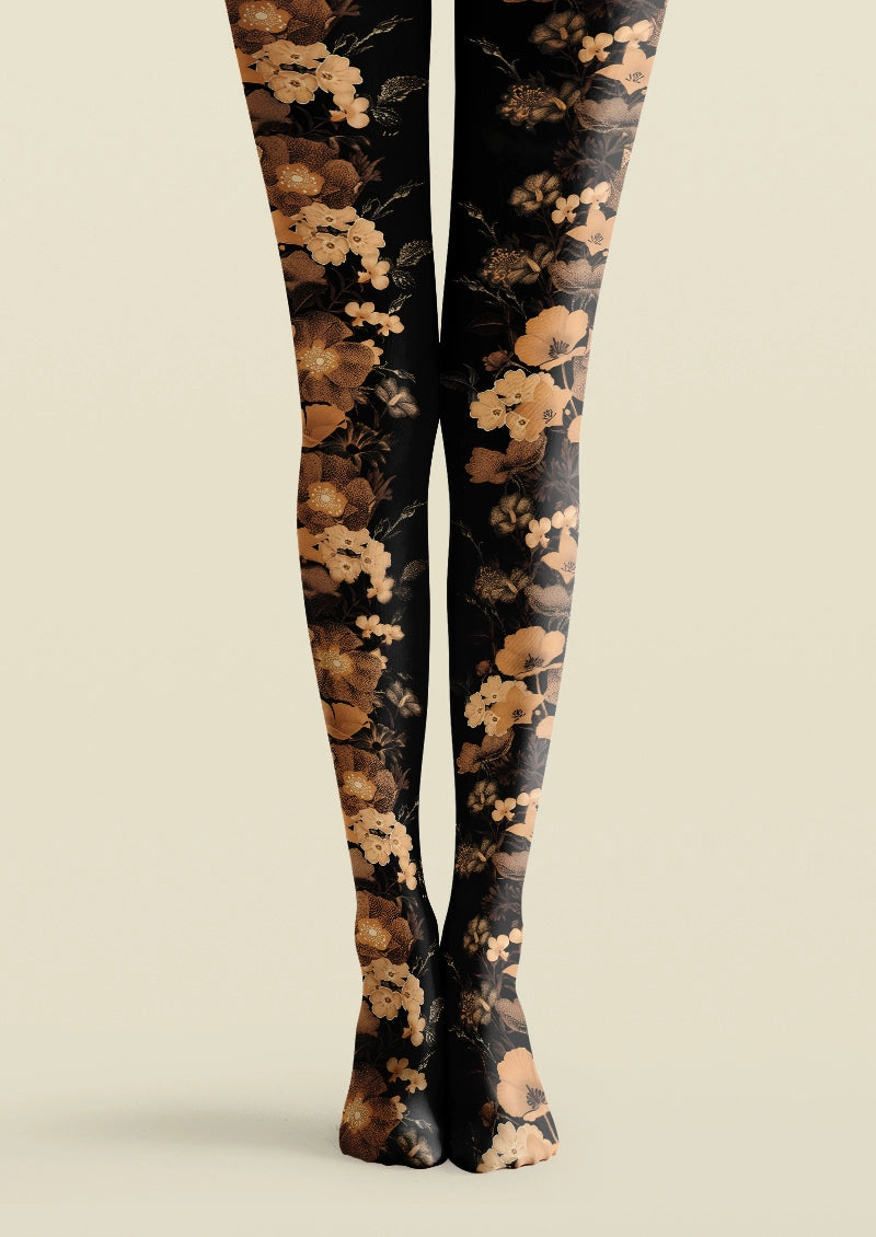 Golden-Brown Vintage Botanical Floral Print Tights Hosiery Pantyhose