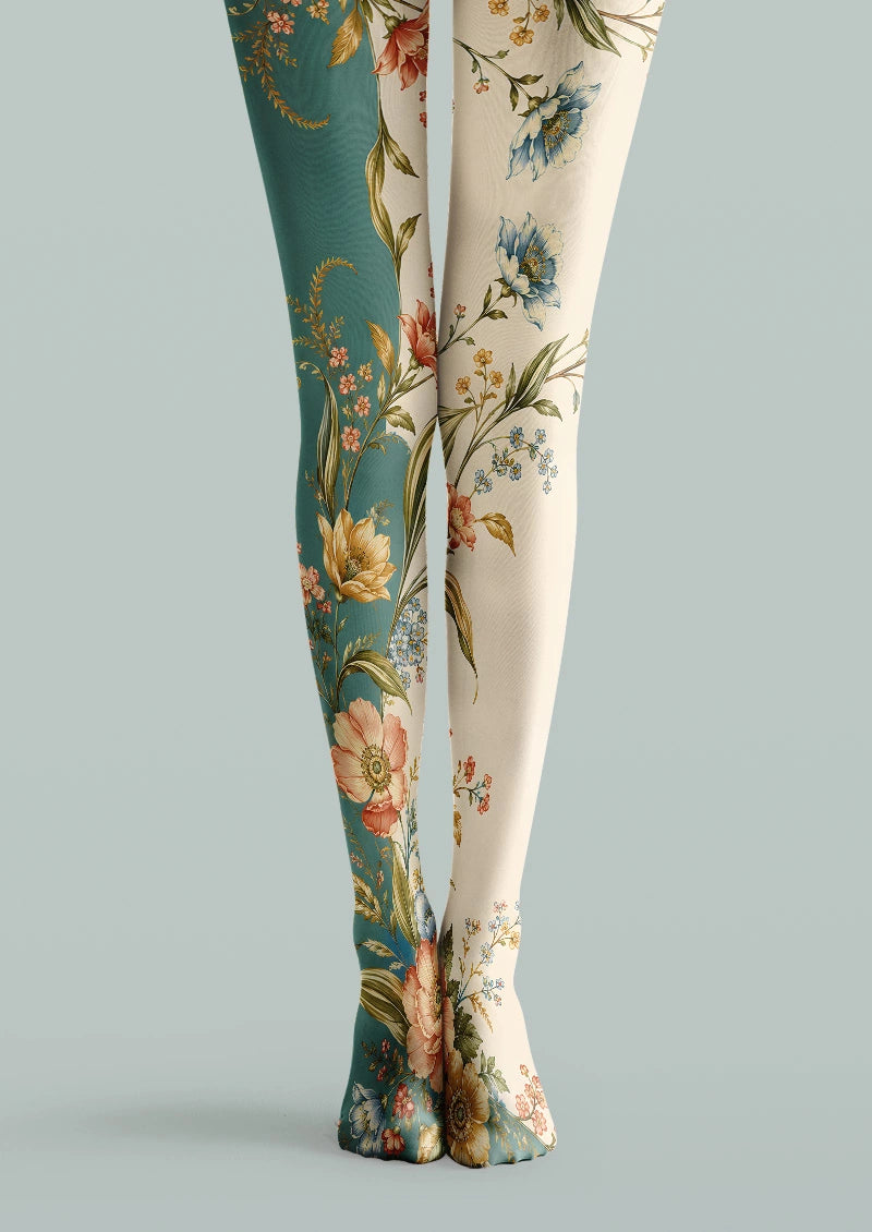 Asymmetric Retro Botanical Floral Print Tights Hosiery Pantyhose