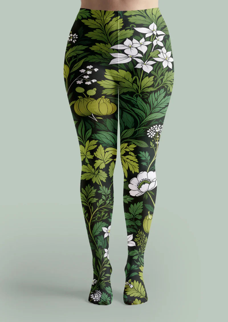Black Botanical Print Tights