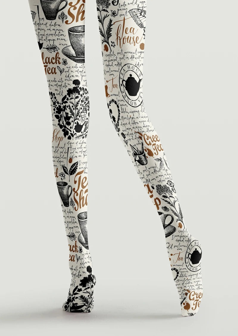 Vintage Tea Script Graphic Tights Hosiery Pantyhose