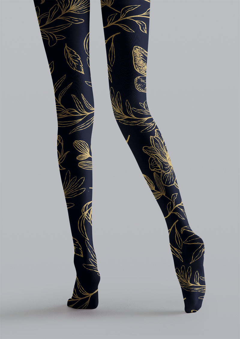 Luxury Gold Line Botanical Floral Pattern Tights Hosiery Pantyhose