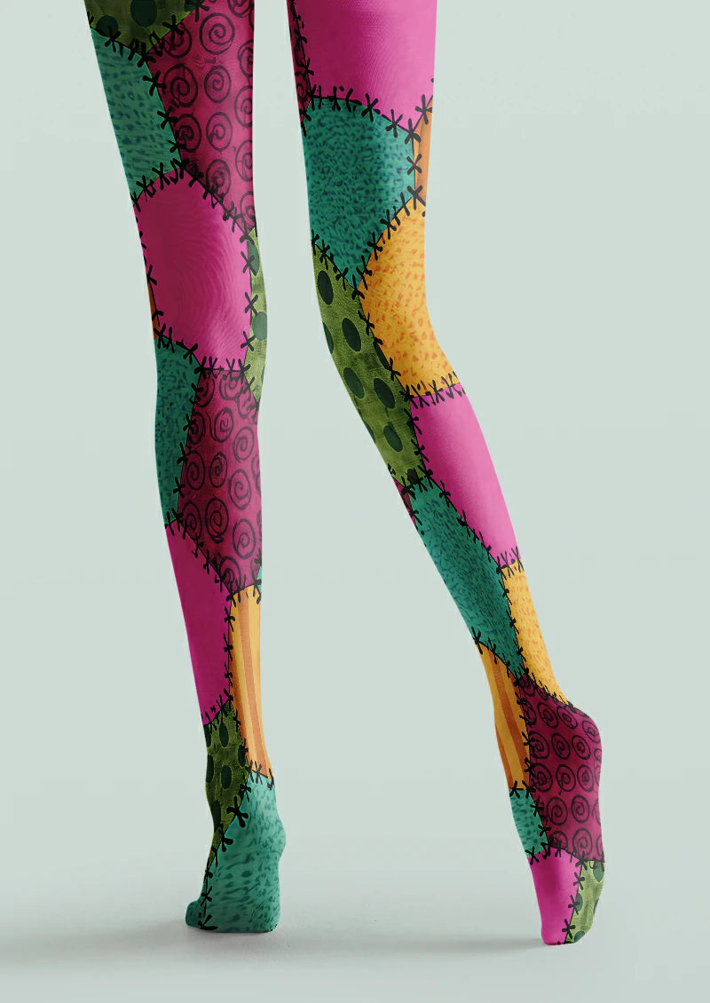 Multicolor printed tights with stitched patchwork blocks, polka dots, and spiral motifs