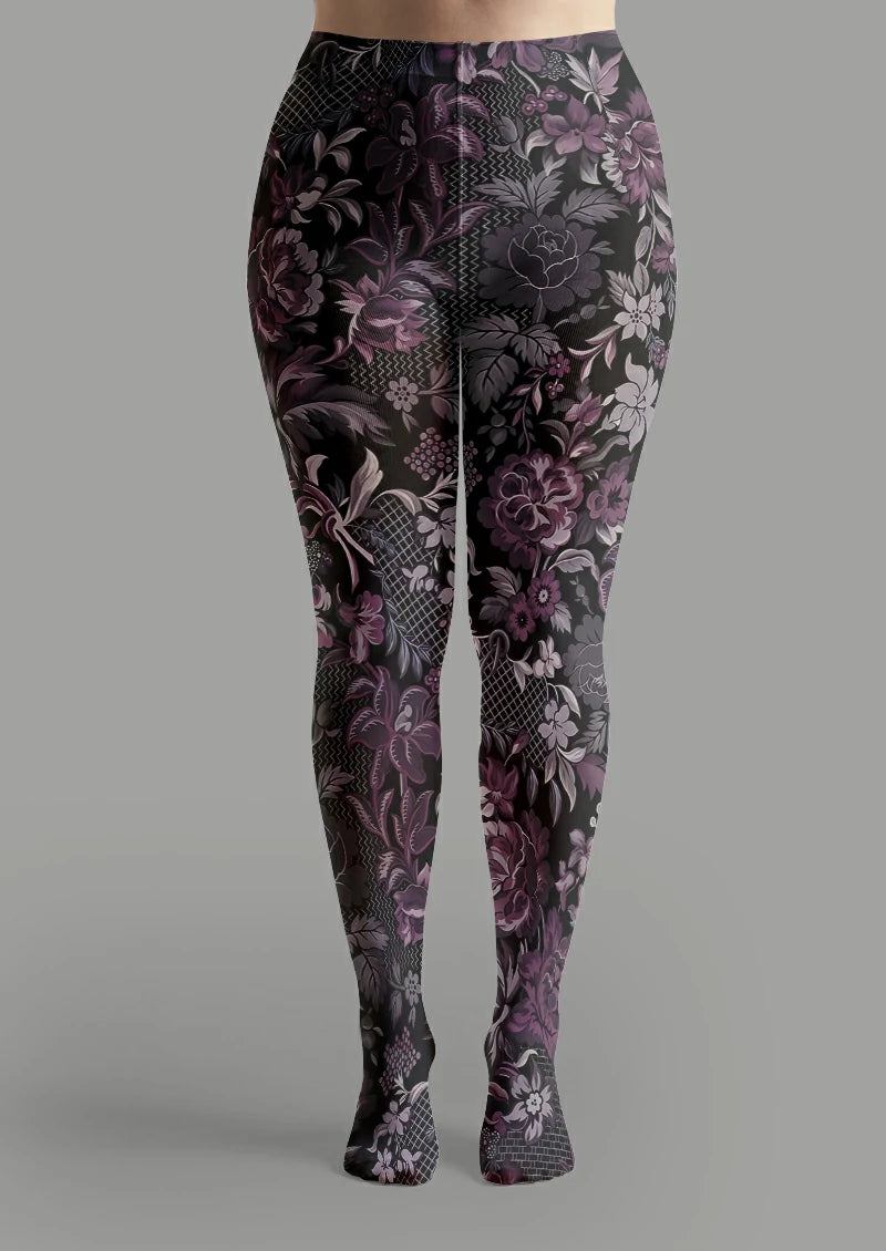 Black Purple Floral Lattice Tights