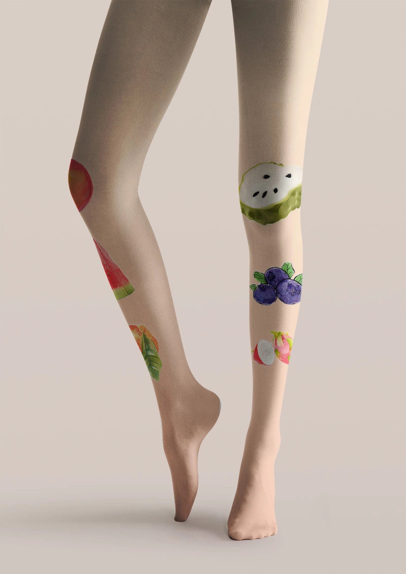 Watercolor Fruit Tattoo Print Sheer Tights Hosiery Pantyhose