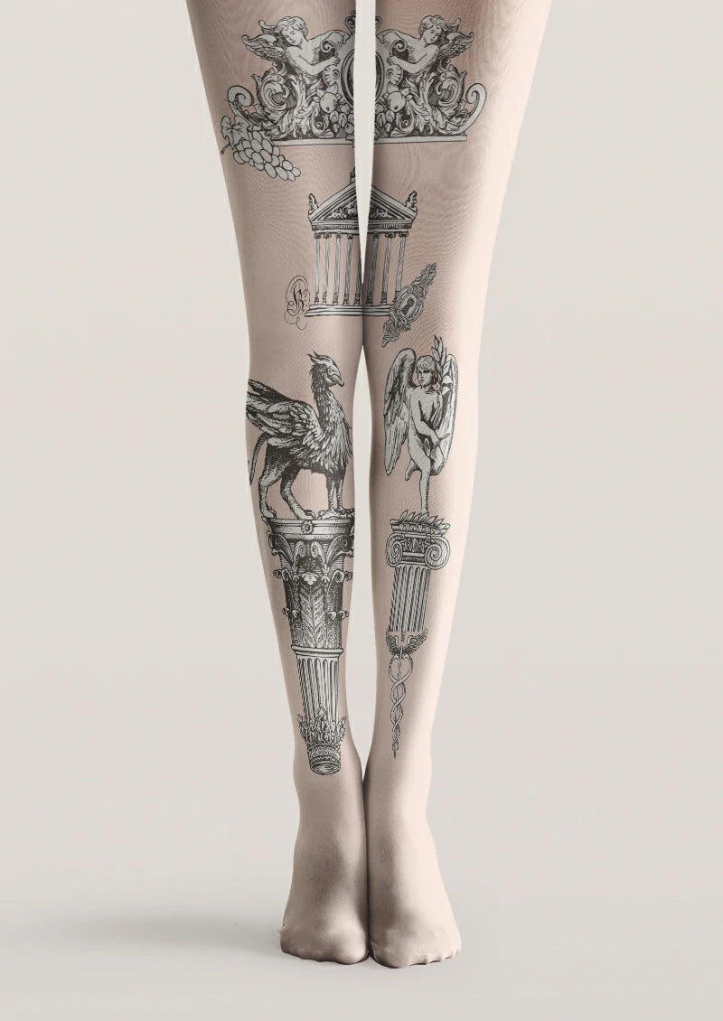 Beige printed tights with black cherubs, classical columns, griffin, angel, grapes, and ornamental details