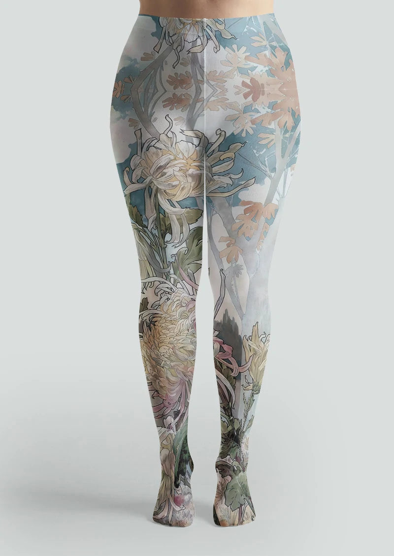 Watercolor Chrysanthemum Floral Tights Hosiery Pantyhose