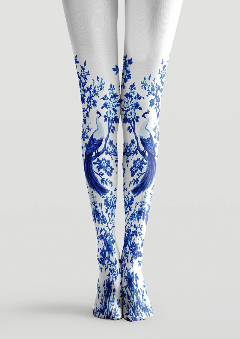 White printed tights with blue peacocks, floral branches, leaves and blossoms