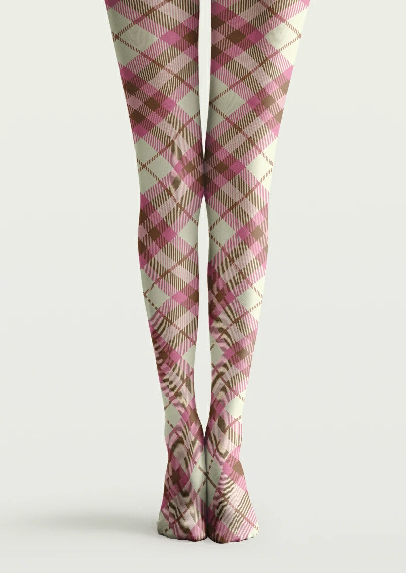 Ivory printed tights with pink and brown plaid lines in a repeating check pattern