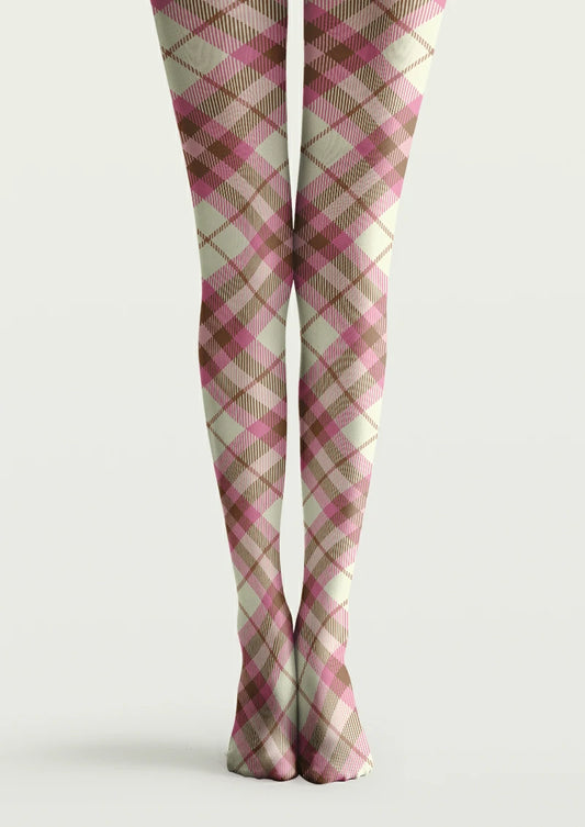 Ivory printed tights with pink and brown plaid lines in a repeating check pattern