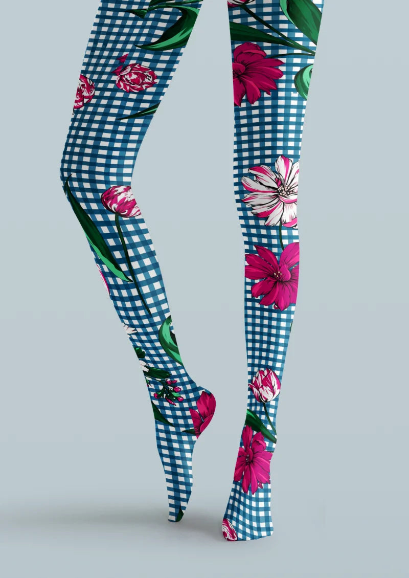 Blue Pink Floral Gingham Tights