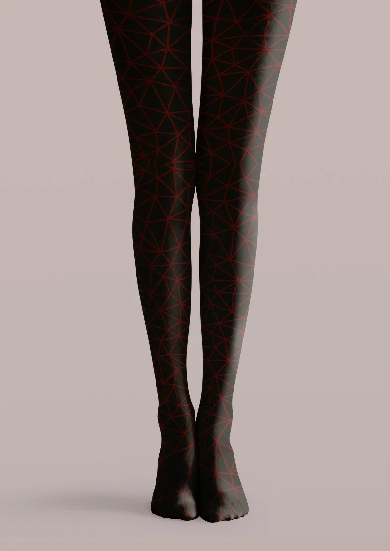 Black printed tights with a red irregular geometric line network