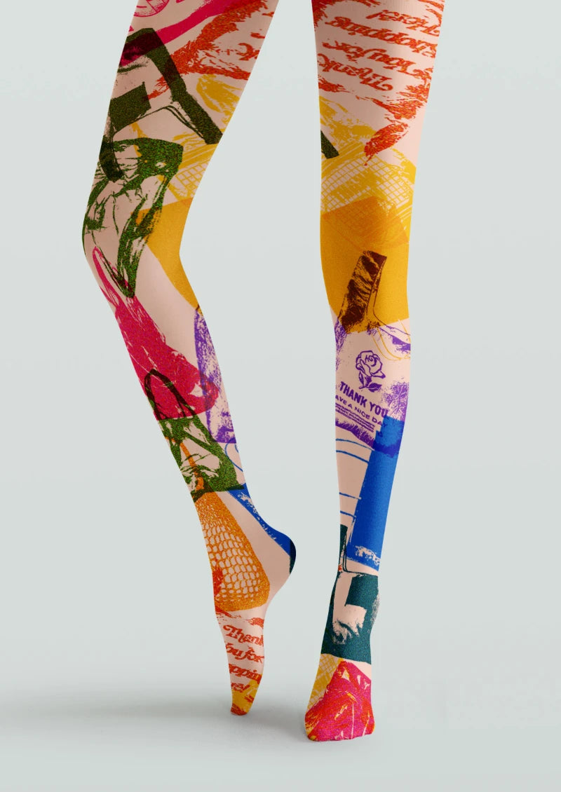 Beige Graphic Collage Tights