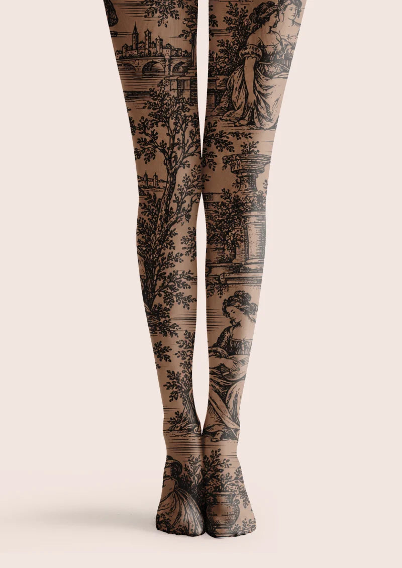 Brown tights with black French pastoral toile scenes of figures, leafy trees, bridges, and classical architecture.