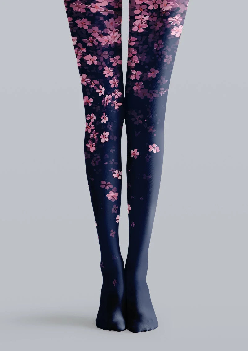 Navy printed tights with layered pink and purple blossom pattern