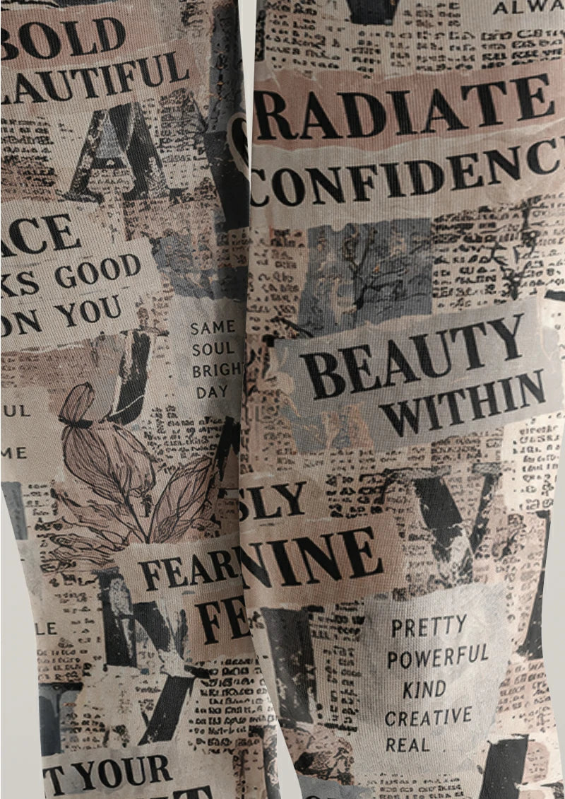 Beige Newspaper Collage Tights