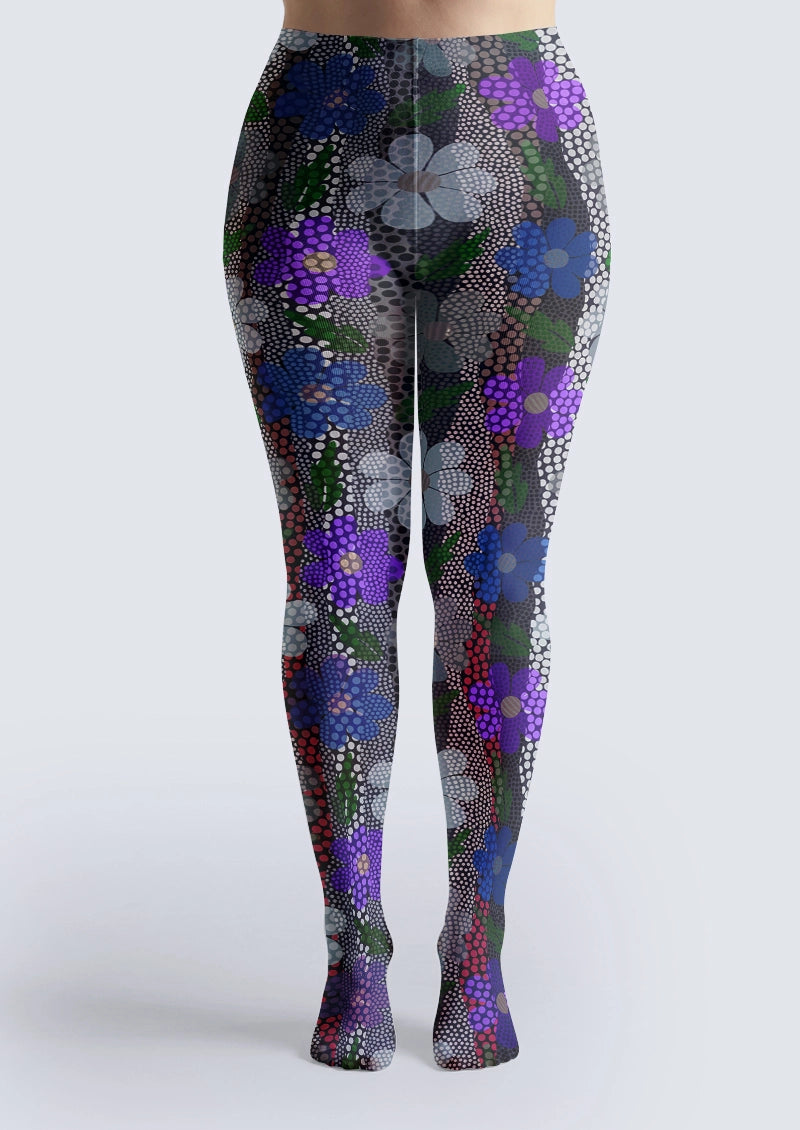 Black Purple Halftone Floral Tights