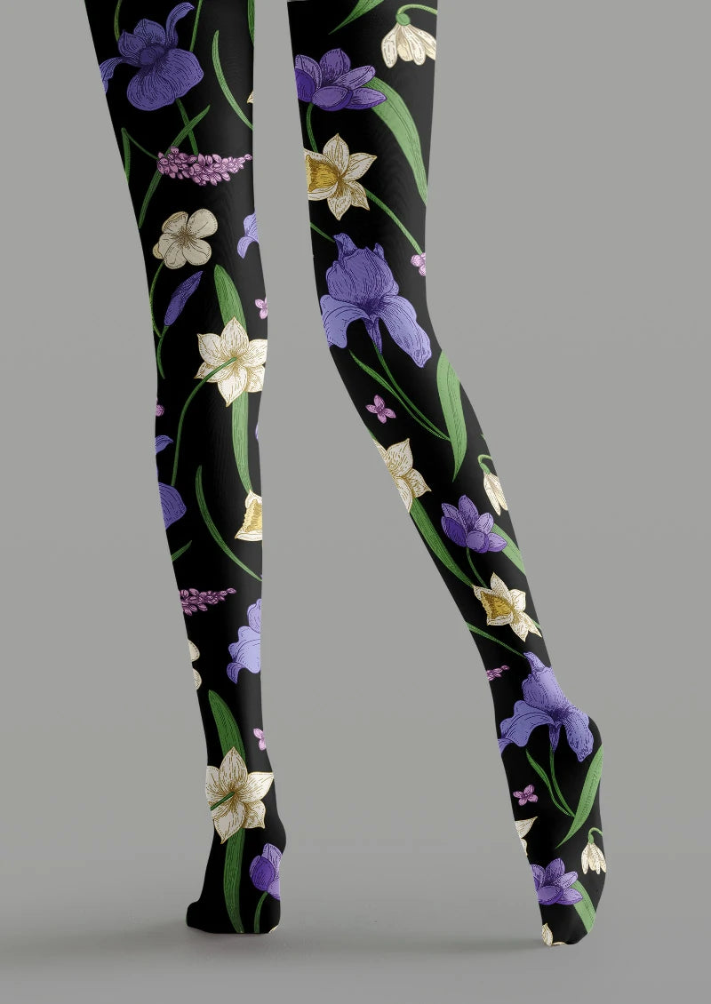 Black Iris Botanical Floral Tights Hosiery Pantyhose