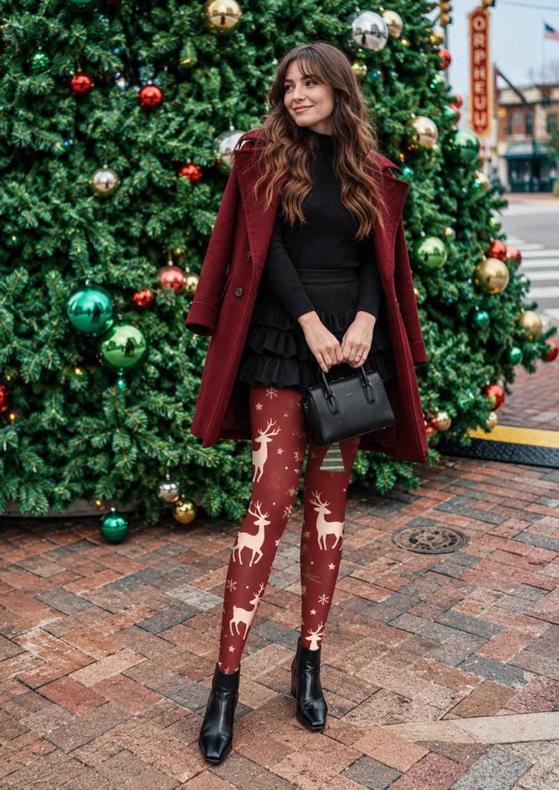 Burgundy Christmas Reindeer Tights