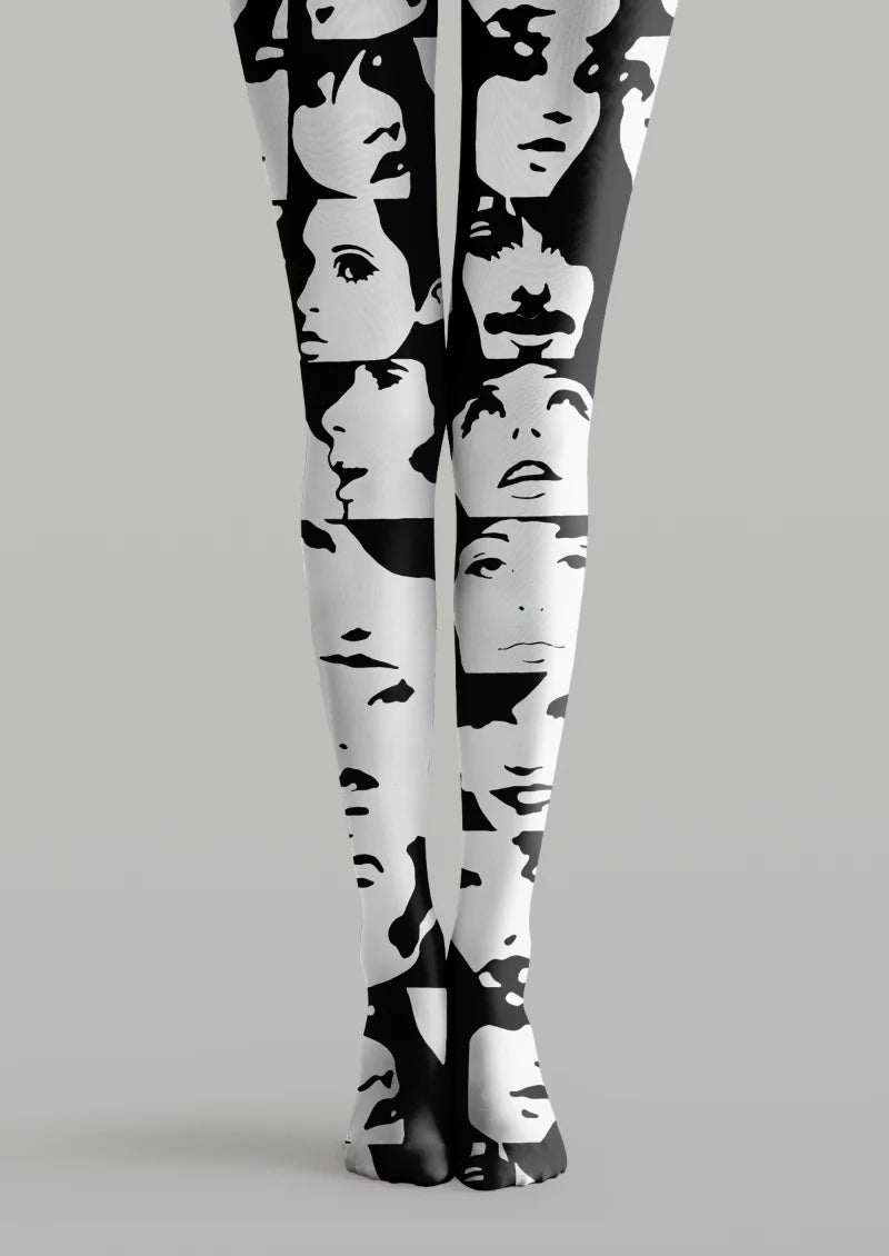 Black and white printed tights with large stylized face portraits arranged across both legs