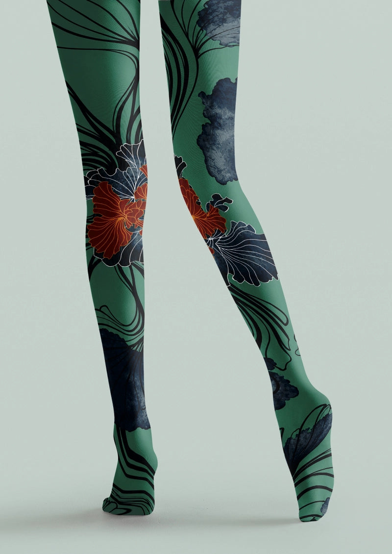 Green Botanical Floral Print Tights Hosiery Pantyhose